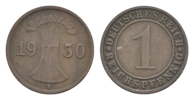 Германия 1 рейхспфенниг 1930 F KM 37, J. 313 бронза 4636-318