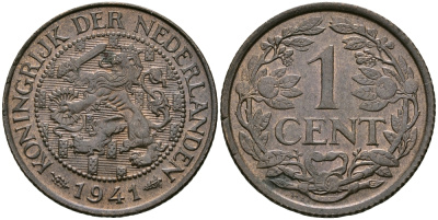 НИДЕРЛАНДЫ 1 ЦЕНТ 1941 ВИЛЬГЕЛЬМИНА KM 152 бронза 176-661