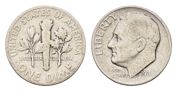 США 1 дайм (10 центов) 1946 Рузвельт KM 195 серебро 72-1666