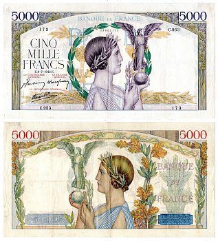 Франция 5000 франков 1942 Победа Pick 97 бумага 451-955-1