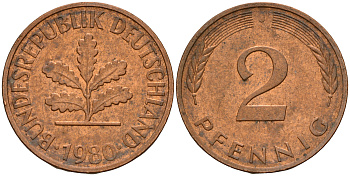 ФРГ 2 пфеннига 1980 J J.381a, KM 106a сталь плакированная медью    4598-855