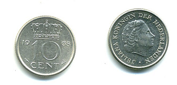 НИДЕРЛАНДЫ 10 ЦЕНТОВ 1968 ЮЛИАНА KM 182 никель 76-342