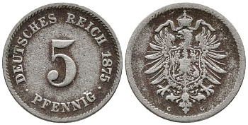 Германия 5 пфеннигов 1875 C, старогербовка KM 3, Jager 3, Weege 5 медно-никель 39-323