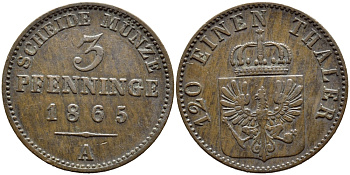 ПРУССИЯ 3 ПФЕННИГА 1865 А, ВИЛЬГЕЛЬМ I (1861-1888) KM 482 медь 84-447