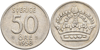 Швеция 50 эре 1958 TS, Густав VI Адольф (1950-1973) KM 825 серебро 4148-945