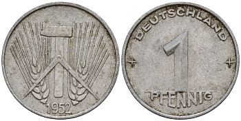 ГДР 1 пфенниг 1952 A KM 5 алюминий 201-311