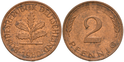 ФРГ 2 пфеннига 1980 J J.381a, KM 106a сталь плакированная медью    4598-855
