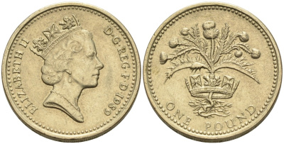 Англия 1 фунт 1989 ШОТЛАНДСКИЙ ДИЗАЙН KM 959, Spink 4335 никель латунь 88-434