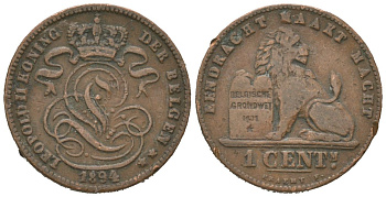 Бельгия 1 сантим 1894 Belgen, Леопольд II (1865-1909) KM 34.1 медь 4621-643