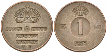 Швеция 1 эре 1954 TS Густав VI Адольф (1950-1973) КМ 820 бронза 3955-268