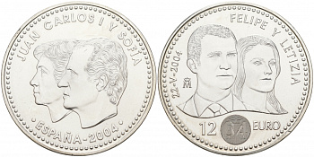 Испания 12 евро 2004 свадьба принца Фелипе и Летисии 24.05.2004 KM 1069 серебро UNC 1521-1323