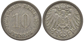 Германия 10 пфеннигов 1899 D KM 12, Jager 13, Weege 8 медно-никель 219-321