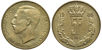 Люксембург 5 франков 1986 Великий герцог Жан (1964-1999) KM 60.1 латунь 91-942