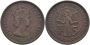 КИПР 5 МИЛСОВ 1955 KM 34 бронза 23-124