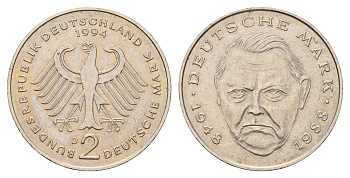 ФРГ 2 марки 1994 D, Людвиг Эрхард, 40 лет Федеративной Республике KM 170, J. 445 медно-никель плакированный никелем 183-217