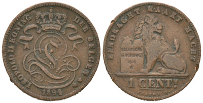 Бельгия 1 сантим 1894 Belgen, Леопольд II (1865-1909) KM 34.1 медь 4621-643