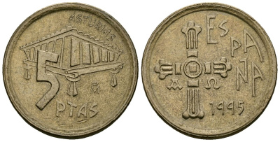 Испания 5 песет 1995 Хуан Карлос I (1975-2014), Астурия (ASTURIAS), крест KM 946 алюминиевая бронза 4136-1034