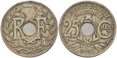 ФРАНЦИЯ 25 САНТИМОВ 1937 KM 867а медно-никель 24-334