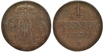 Ганновер 1 пфенниг 1839 S, Эрнст Август (1837-1851) KM 173.3, AKS 128, J. 54 медь 75-1367