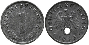 ГЕРМАНИЯ 1 РЕЙХСПФЕННИГ 1943 A KM 97, J.369 цинк 96-764
