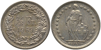 Швейцария 1/2 франка 1969 KM 23а.1 медно-никель 4532-865