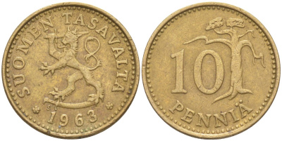 Финляндия 10 пенни 1963 S KM 46 алюминиевая бронза 219-1146