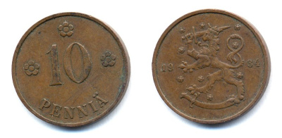 Финляндия 10 пенни 1934 республика (1918-1962) KM 24 медь 51-5354