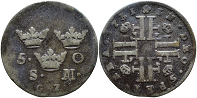 Швеция 5 эре 1731 SM, GZ, Фридрих I KM 401 серебро 00-00-00
