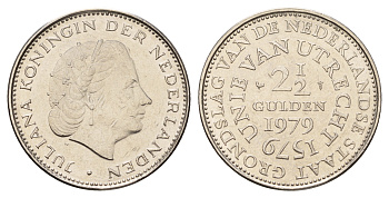 Нидерланды 2 1/2 гульдена 1979 400 лет Утрехтскому союзу, Юлиана (1949-1980) KM 197 никель 4683-816