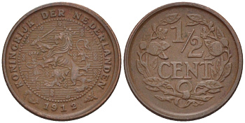 НИДЕРЛАНДЫ 1/2 ЦЕНТА 1912 ВИЛЬГЕЛЬМИНА (1890-1948) KM 138 бронза 39-161