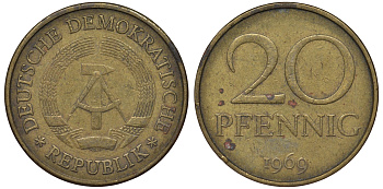 ГДР 20 пфеннигов 1969 А, первый год KM 11 латунь 62-1023