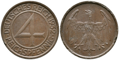 ГЕРМАНИЯ 4 РЕЙХСПФЕННИГА 1932 Е KM 75, J. 315 медь 24-1213