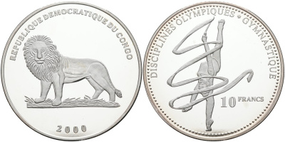 Конго 10 франков 2000 олимпийские дисциплины, гимнастика KM 53 серебро PROOF 04-319-22