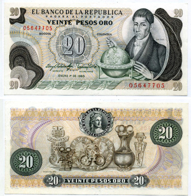 Колумбия 20 песо 1983 Франсиско Хосе де Кальдас, музей золота Pick 409d бумага UNC (пресс) 7487-64-1-2