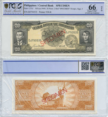 Филиппины 20 песо 1949 пробник, SPECIMEN, подпись 5, TDLR, в слабе PCGS 66 Gem UNC Pick 137s3  бумага  UNC (пресс) 452-1-113