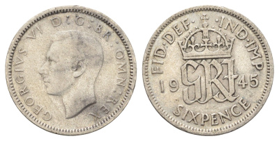 Великобритания 6 пенсов 1945 Георг VI (1936-1952) KM 852, Spink 4084 серебро 4697-638