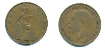 Великобритания 1 пенни 1921 Георг V (1910-1936) KM 810, Spink 4051 бронза 4383-625