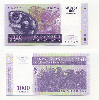 Мадагаскар 1000 ариари (5000 франков) 2004 лемур, животные, подпись 5 Pick 89 а бумага UNC (пресс) 6283-25-3