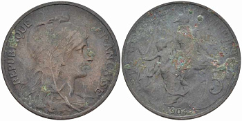 ФРАНЦИЯ 5 САНТИМОВ 1904 ТИП ДАНИЭЛЬ ДЮПЮИ KM 842, LE FRANC 119.14 бронза 108-845