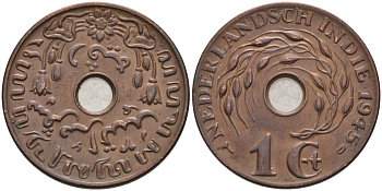 Нидерландская Ост-Индия 1 цент 1945 D, Вильгельмина (1890-1948) KM 317 бронза 4575-1026