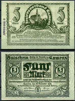Германия, Каменц 5 марок 1918 нотгельд, 15.11.1918 Grabowski 262  бумага  UNC (пресс) 444-89-1-2