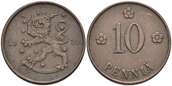 Финляндия 10 пенни 1921 республика (1918-1962) KM 24 медь 4563-612