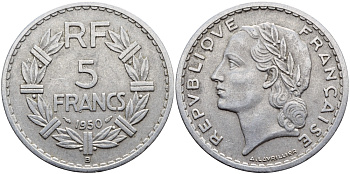ФРАНЦИЯ 5 ФРАНКОВ 1950 B KM 888b.2 алюминий 74-336