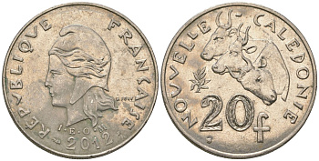 Французская Новая Каледония 20 франков 2012 три быка, (IEOM) KM 12a, Schoen 14a, Lec 115j медно-никель 84-1036