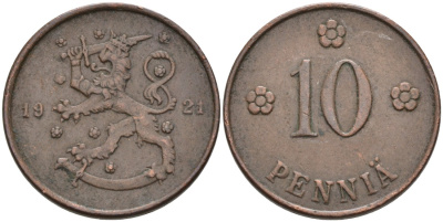 Финляндия 10 пенни 1921 республика (1918-1962) KM 24 медь 4563-612