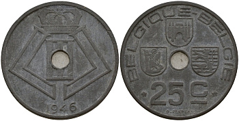 Бельгия 25 сантимов 1946 Belgique - Belgie, Леопольд III (1934-1947), германская оккупация, Вторая мировая война KM 131 цинк 4157-516