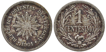 Уругвай 1 сентесимо 1901 KM 19 медно-никель 4169-557