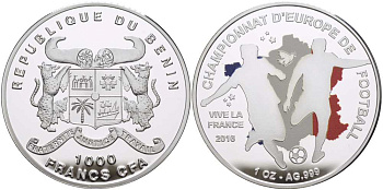 Бенин 1000 франков 2016 Чемпионат Европы по футболу во Франции, эмаль KM NEW серебро PROOF 06-204-21