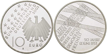 ФРГ 10 евро 2003 А, 50-я годовщина народного восстания 1953 года в ГДР KM 226, DE.S. 10.9 серебро PROOF 413-6332