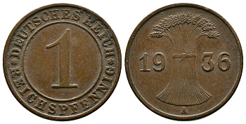 Германия 1 рейхспфенниг 1936 A KM 37, J. 313 бронза 220-154